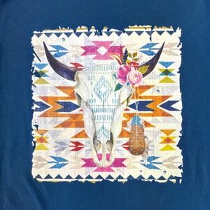 Western‎ T-Shirt Women's Medium Aztec Skull Retro Blue Southwestern Cowgirl